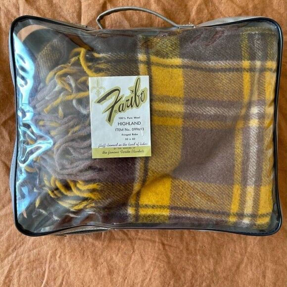 Faribo Fluff Loomed Yellow Gray Brown Wool Plaid Checkered Fringe Blanket Throw - Picture 2 of 11